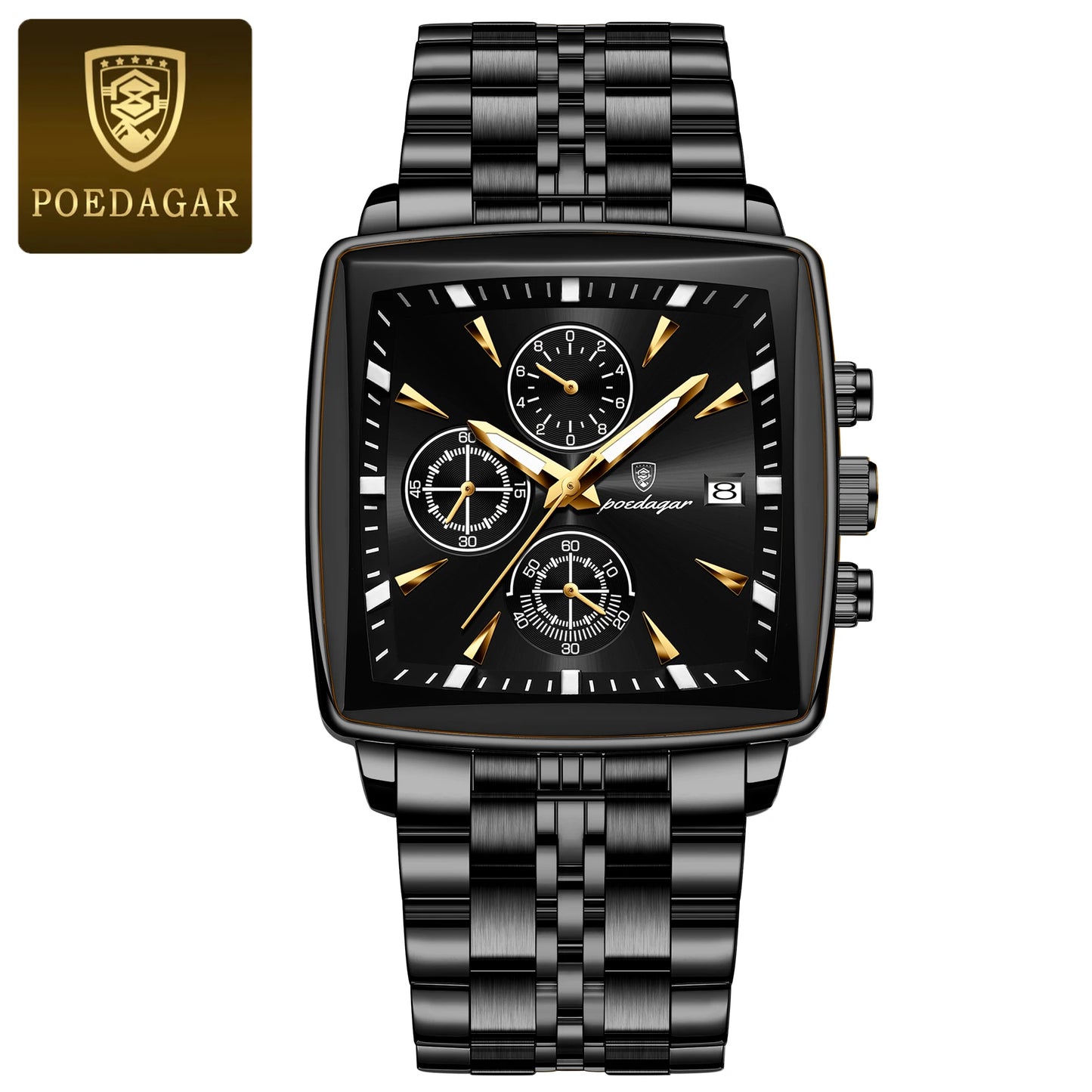 POEDAGAR Business Men Clock Waterproof Luminous Calendar Chronograph Square Man Watch Stainless Steel Quartz Men's Watches Reloj