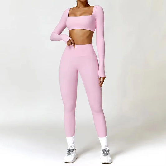 Yoga Set 2PCS Sportswear Workout Clothes Athletic Wear Gym Legging Fitness Bra Crop Top Long Sleeve Sports Suits Women Tracksuit