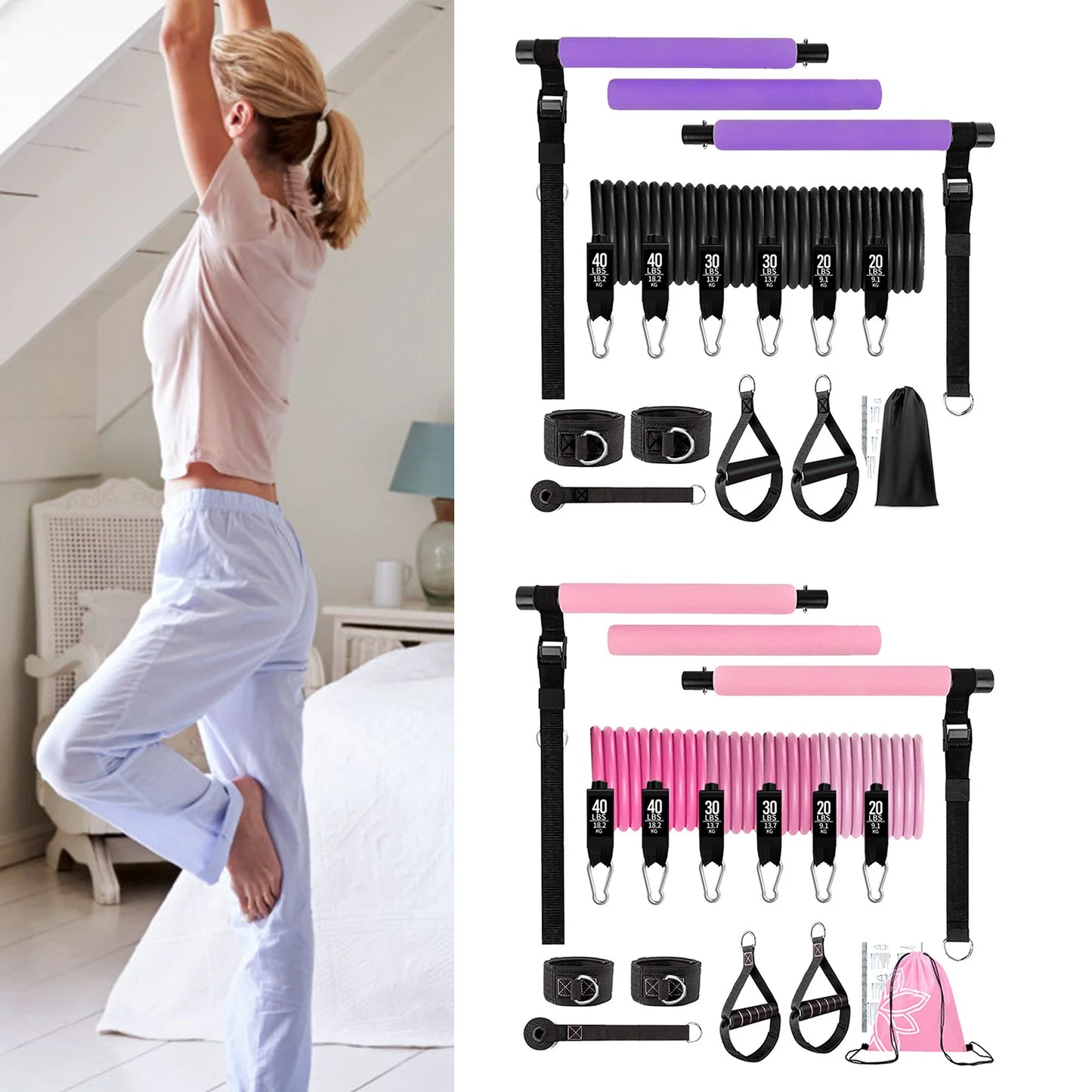 11pcs Portable Pilates Bar Exercise Kit Home Gym Pilates Resistance Bar Kit for Home Workouts for All Fitness Levels MIAO