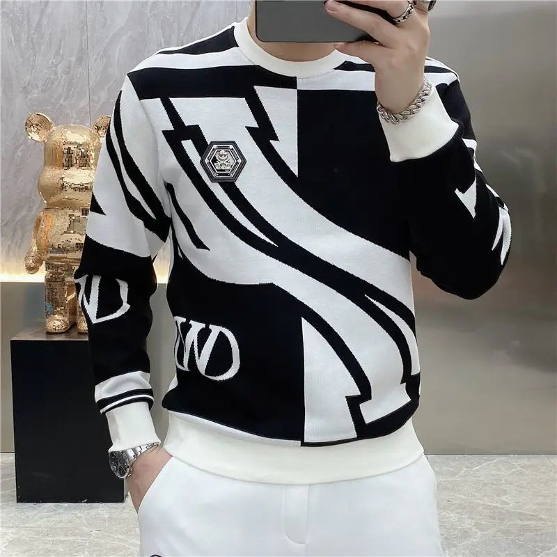 Trend Versatile Autumn New Men's O-Neck Printing Contrast Color Badge HighStreet Fashion Casual Long Sleeve Sweatshirts Tops