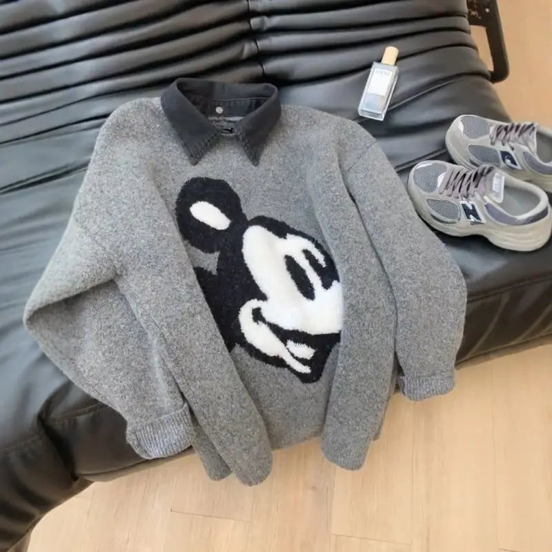 Disney Mickey Mouse Denim Collar Patchwork Sweater Women's Autumn Winter High-end Loose Knit Top Korean Version Causal Pullovers