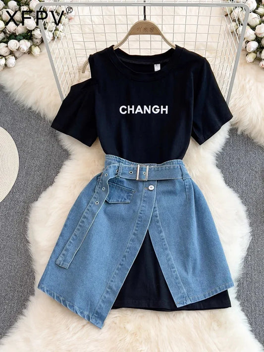 XFPV Women's Round Neck Off Shoulder Mid Length T-shirt Short Sleeve Two Piece Set High Waist Denim Skirt  Fashion Summer 2025