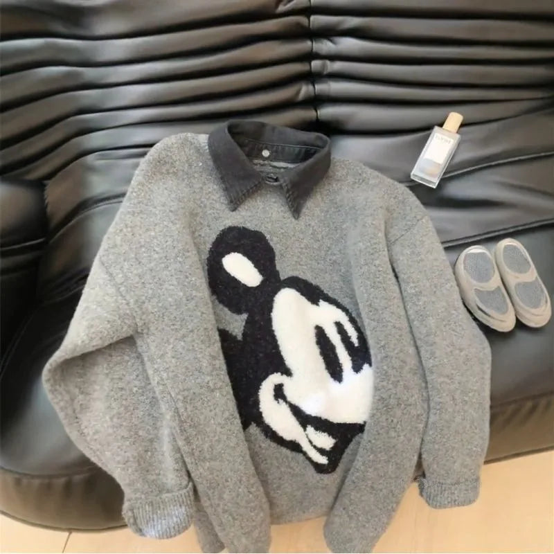 Disney Mickey Mouse Denim Collar Patchwork Sweater Women's Autumn Winter High-end Loose Knit Top Korean Version Causal Pullovers