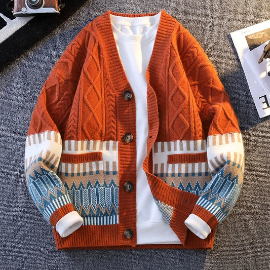 Japanese Cardigan Retro Patchwork V-neck Knitted Sweater Warm Men Women New Fashion Casual Loose Knitwear Jackets Brand Clothing