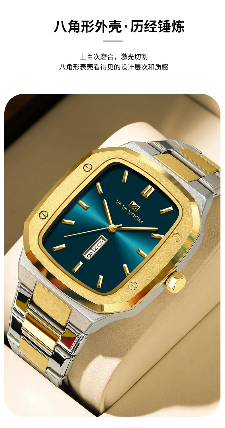 2024 New Top Brand Men Wrist Watches Luxury Waterproof Gold Black Silver Date Week Display Square Watch for Men Stainless Steel