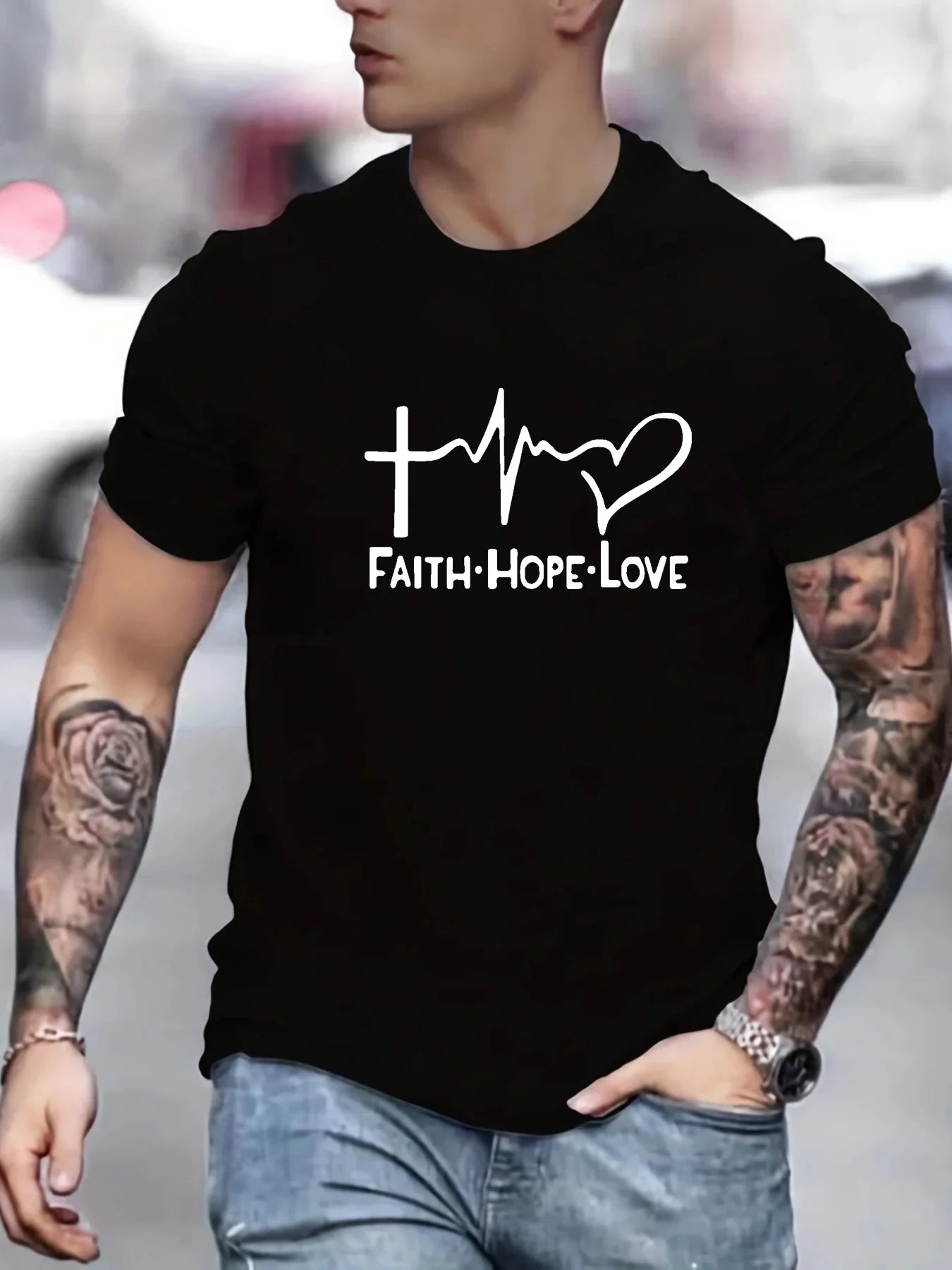 Men's 100% cotton fashionable casual sports loose fit plus size FAITH HOPE LOVE printed round neck short sleeved T-shirt top