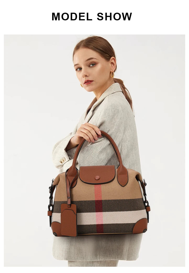 Aidran Exquisite women's bag, Boston bag with canvas and leather stitchingRetro plaid handbag for daily commute novelty of 2024