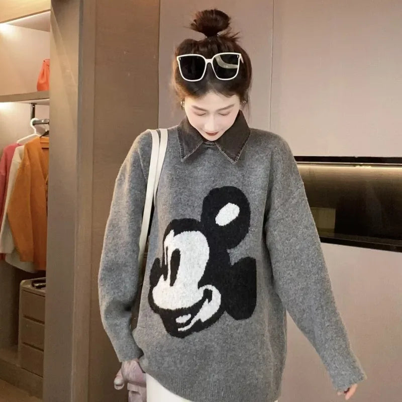 Disney Mickey Mouse Denim Collar Patchwork Sweater Women's Autumn Winter High-end Loose Knit Top Korean Version Causal Pullovers