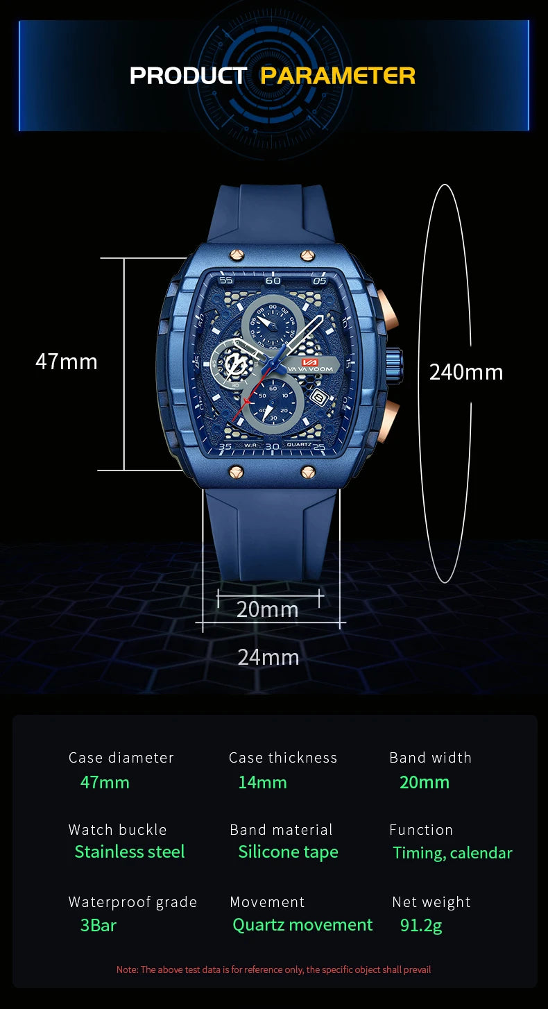 2025 New VA VA VOOM Top Brand Men Watches Luxury Square Sports Quartz Watch Waterproof Multifunctional Chronograph Watch for Men