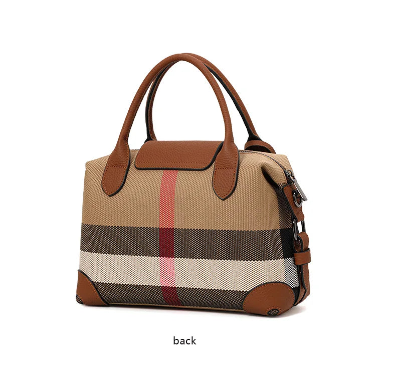 Aidran Exquisite women's bag, Boston bag with canvas and leather stitchingRetro plaid handbag for daily commute novelty of 2024