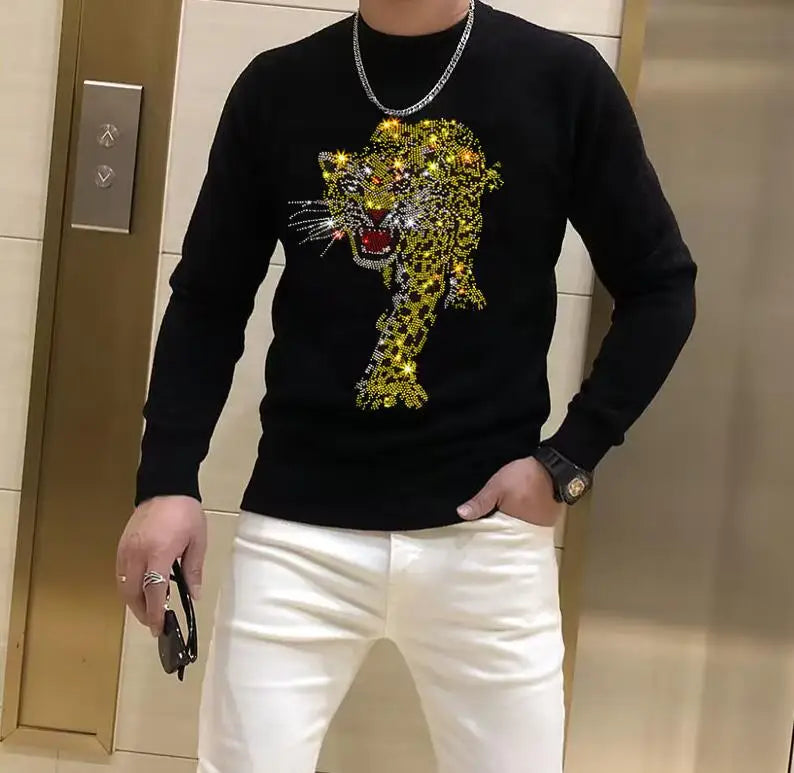 Men's Sweater Pullover  Winter New Fashion Rhinestone Printing Luxury Popular Homme Clothing Warm Streetwear Black Inner Garment