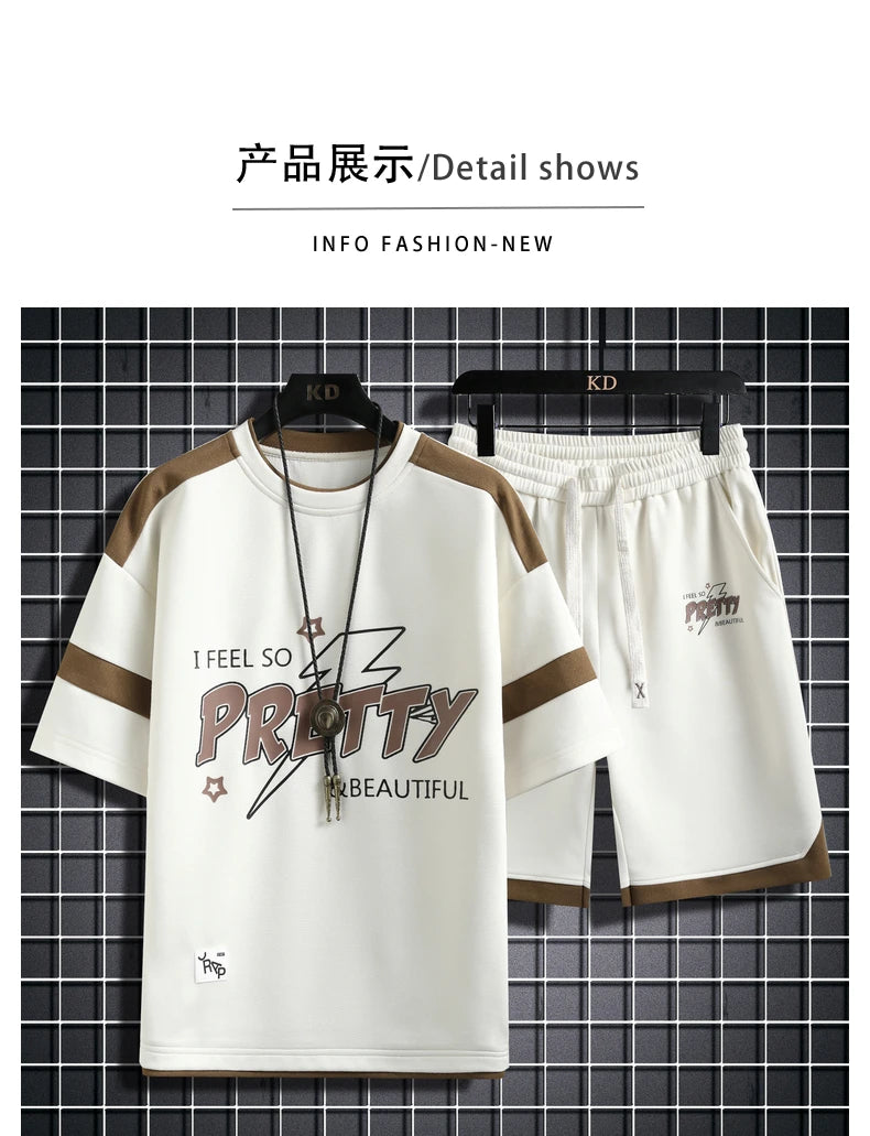 Summer Mens Set Short Sleeve Tshirt + Shorts Fashion Two Piece Sets Streetwear Mens Casual Sports Suit Harajuku Tracksuit