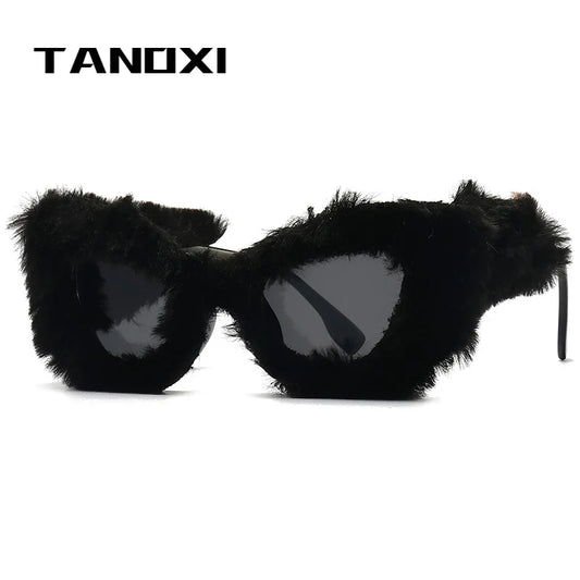 TANOXI Cateye Fashion Sunglasses Furry Party Decoration Woman New Ins Style Glasses Brand Design UV400 Black Oculos De Sol