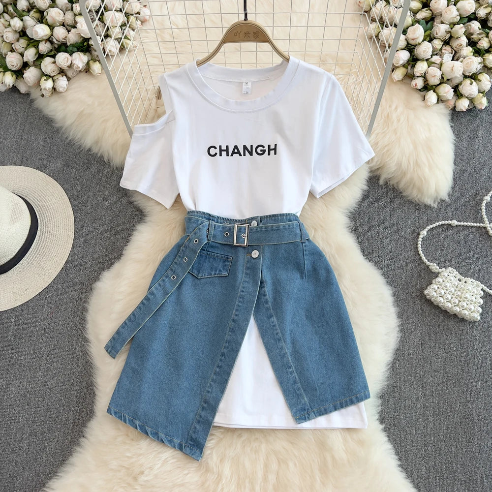 XFPV Women's Round Neck Off Shoulder Mid Length T-shirt Short Sleeve Two Piece Set High Waist Denim Skirt  Fashion Summer 2025