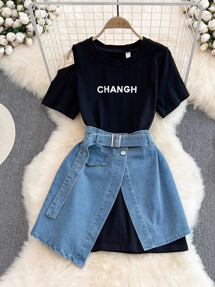 XFPV Women's Round Neck Off Shoulder Mid Length T-shirt Short Sleeve Two Piece Set High Waist Denim Skirt  Fashion Summer 2025