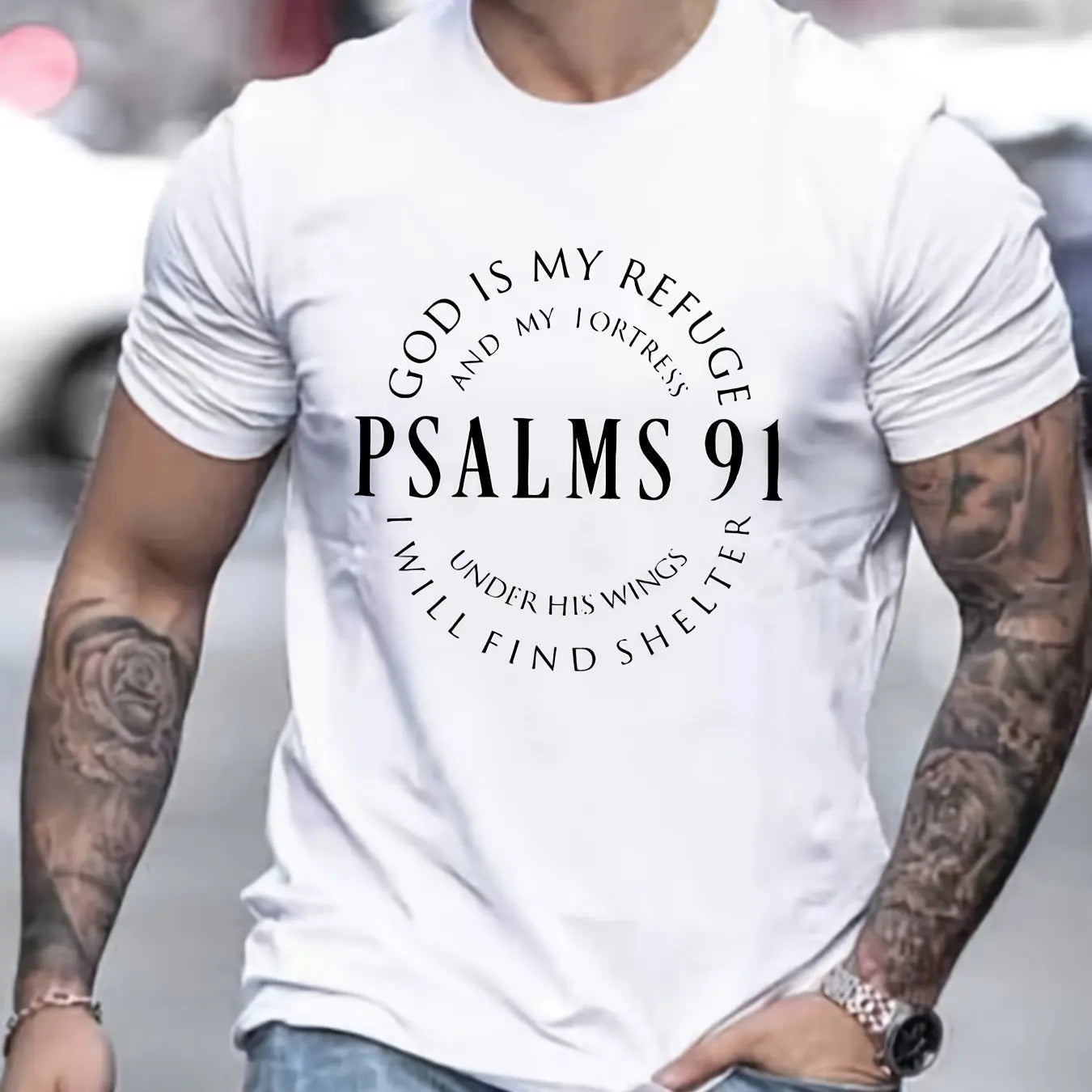 Men's 100% cotton summer loose fit Trendy Letter Psalms 91 Letter Ring Pattern print casual round neck short sleeved T-shirt