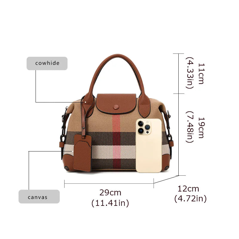 Aidran Exquisite women's bag, Boston bag with canvas and leather stitchingRetro plaid handbag for daily commute novelty of 2024