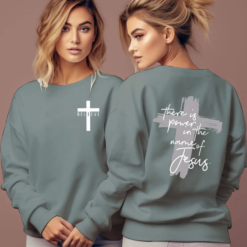 Women Christian Faith Sweatshirt There Is Power in The Name of Jesus Graphic Letter Hoodie Female Cross Faiths Hoodless Pullover