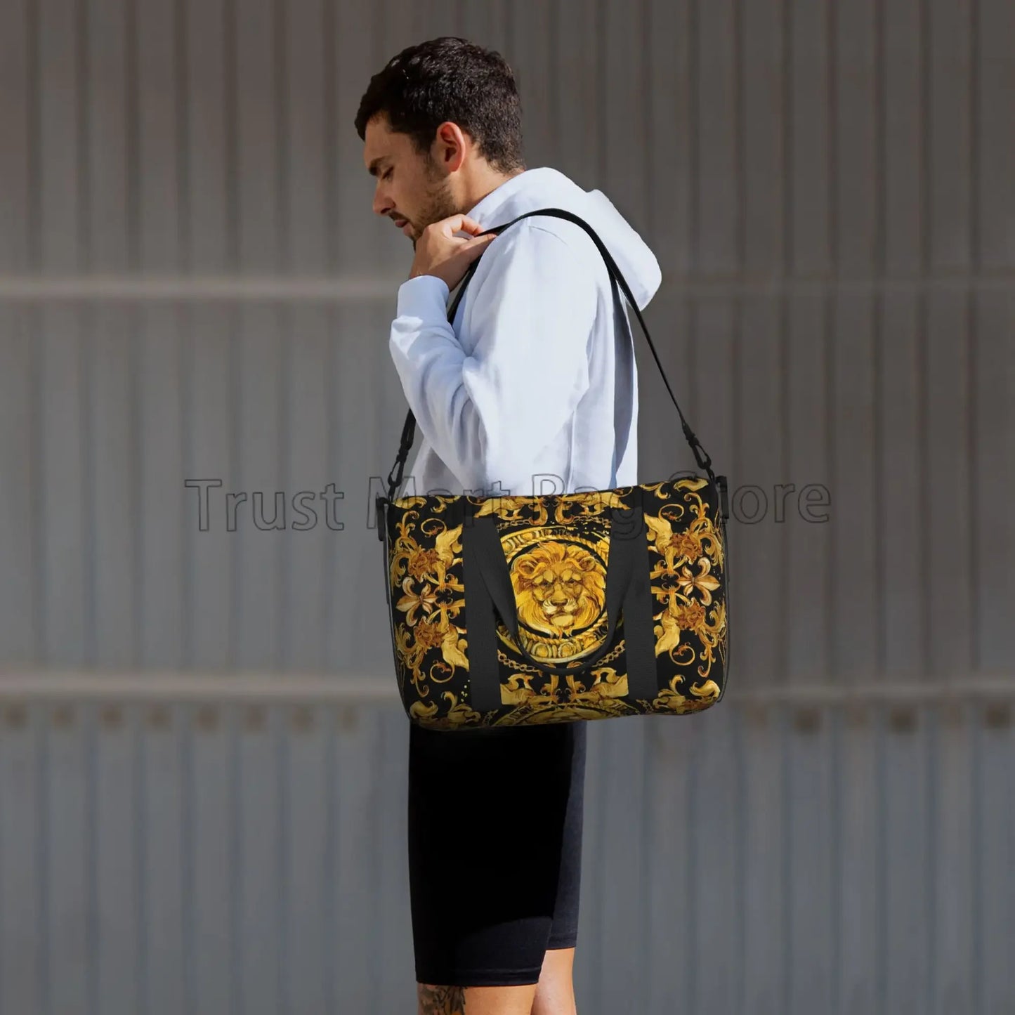 Golden Lion Baroque Pattern Travel Duffel Bag Personalized Weekender Bags with Shoulder Strap Unisex Sports Gym Overnight Bag