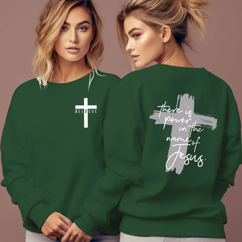 Women Christian Faith Sweatshirt There Is Power in The Name of Jesus Graphic Letter Hoodie Female Cross Faiths Hoodless Pullover