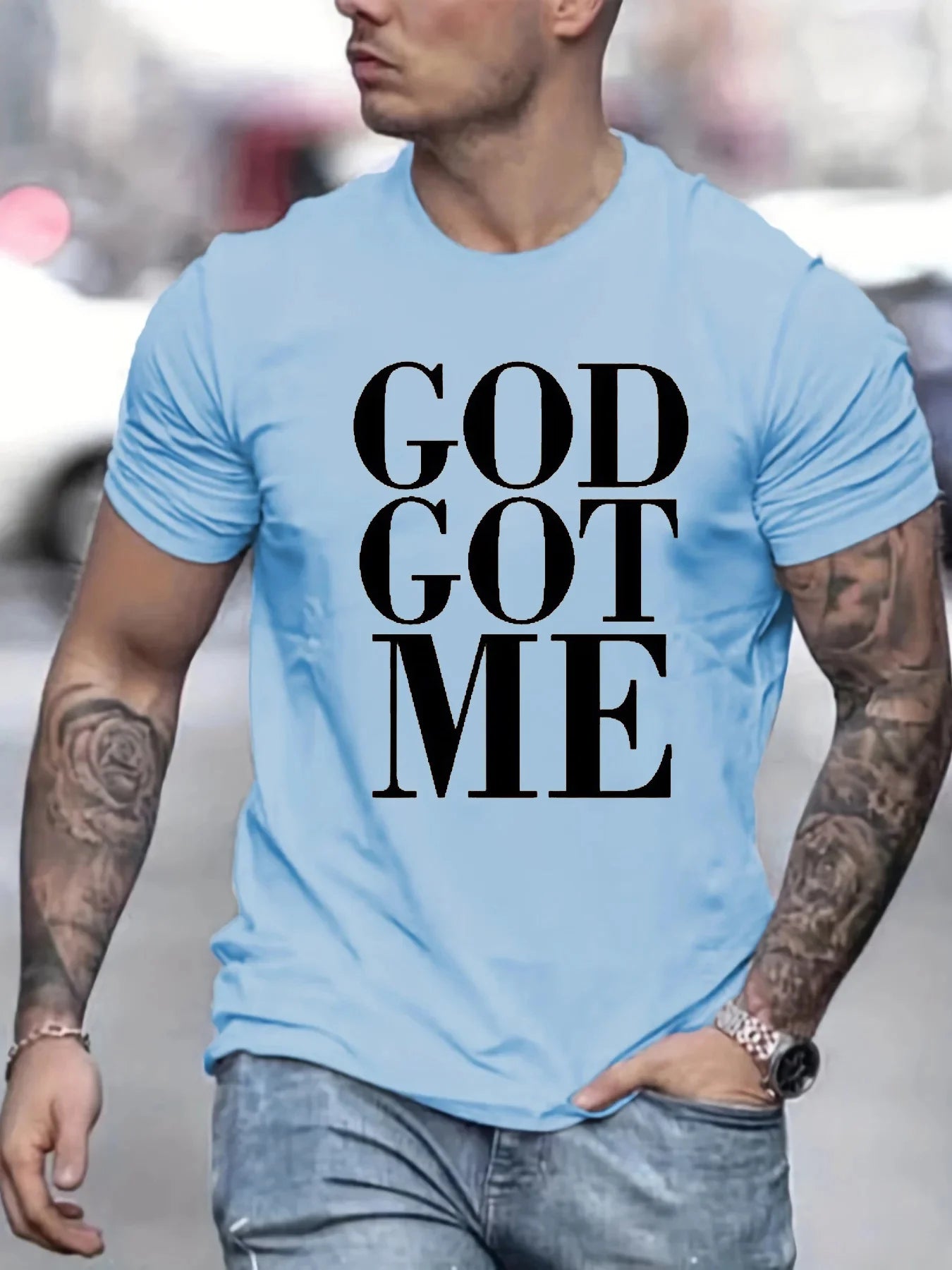 Men's Summer Loose Size 100% Cotton God Got Me Pattern Printed Slim Fit Casual Round Neck Short Sleeve T-shirt Top