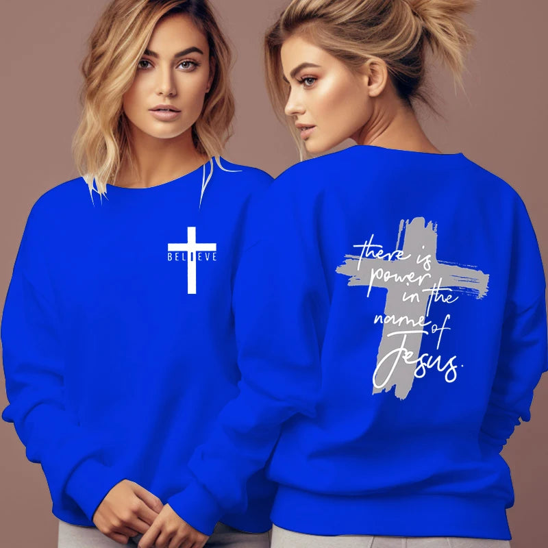 Women Christian Faith Sweatshirt There Is Power in The Name of Jesus Graphic Letter Hoodie Female Cross Faiths Hoodless Pullover