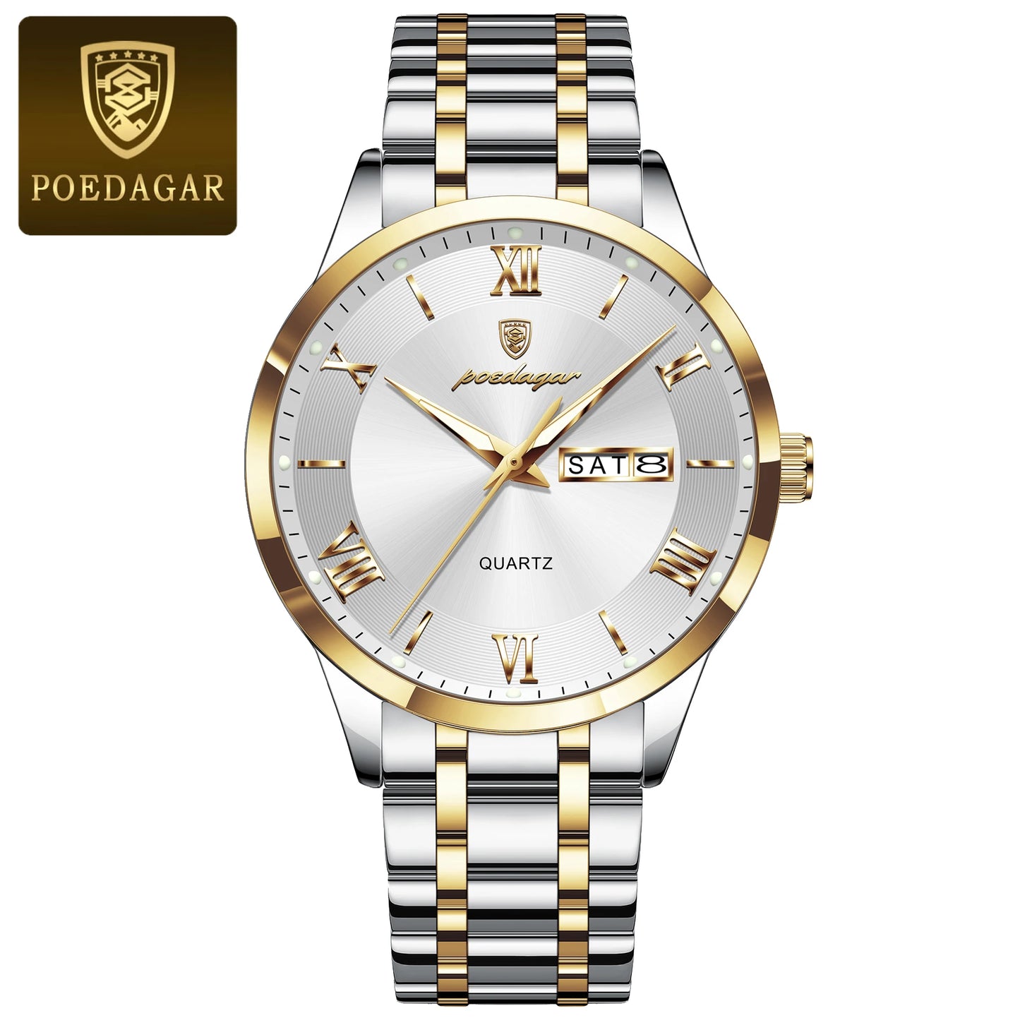 POEDAGAR Luxury Fashion Men Clock Waterproof Luminous Week Date Sports Man Wristwatch Stainless Steel Men's Quartz Watches Reloj