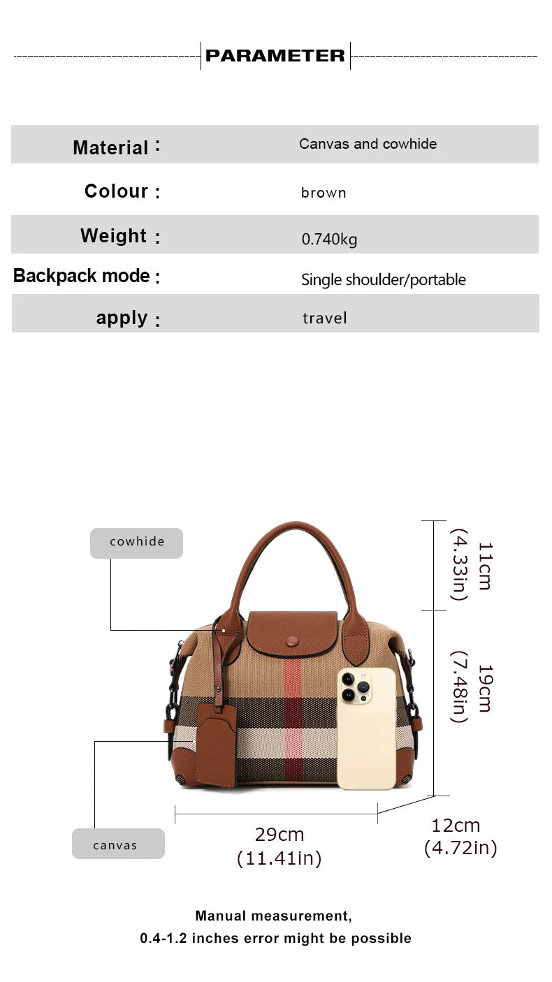 Aidran Exquisite women's bag, Boston bag with canvas and leather stitchingRetro plaid handbag for daily commute novelty of 2024