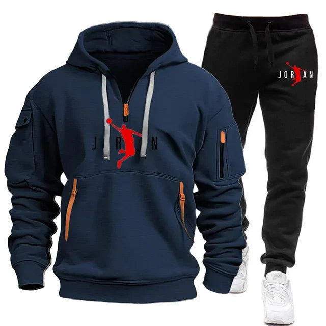 2025 new men's autumn and winter trend sports hoodie + sweatpants Fashion casual jogging hooded printed pattern sportswear 2 set