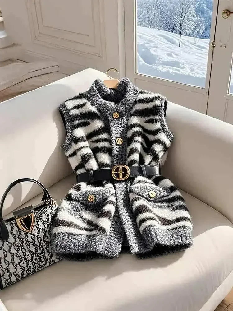 Gray Zebra Stripes Knitted Blazers Vest for Women Winter Cardigan Jackets Sleeveless Sweater Vest Y2K Fashion Office Lady Formal