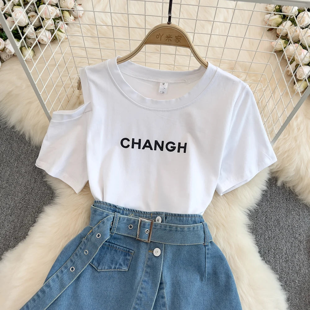 XFPV Women's Round Neck Off Shoulder Mid Length T-shirt Short Sleeve Two Piece Set High Waist Denim Skirt  Fashion Summer 2025