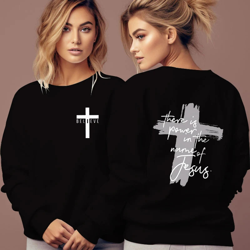 Women Christian Faith Sweatshirt There Is Power in The Name of Jesus Graphic Letter Hoodie Female Cross Faiths Hoodless Pullover