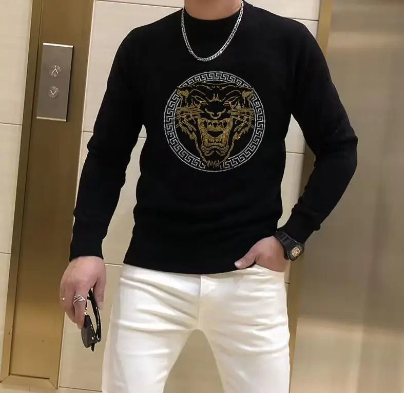 Men's Sweater Pullover  Winter New Fashion Rhinestone Printing Luxury Popular Homme Clothing Warm Streetwear Black Inner Garment