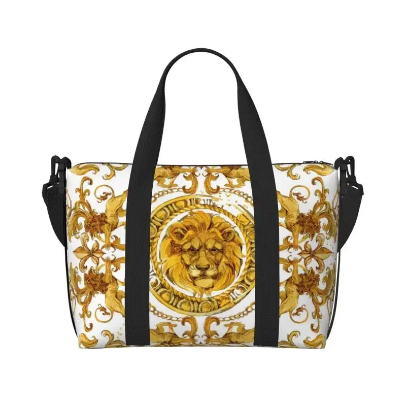 Golden Lion Baroque Pattern Travel Duffel Bag Personalized Weekender Bags with Shoulder Strap Unisex Sports Gym Overnight Bag