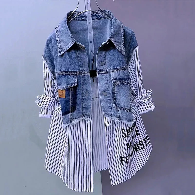 New Splicing Denim Jacket Women Spring Autumn Korean Fashion Denim Shirt Ladies Tops Casual Jean Coat Female Windbreaker