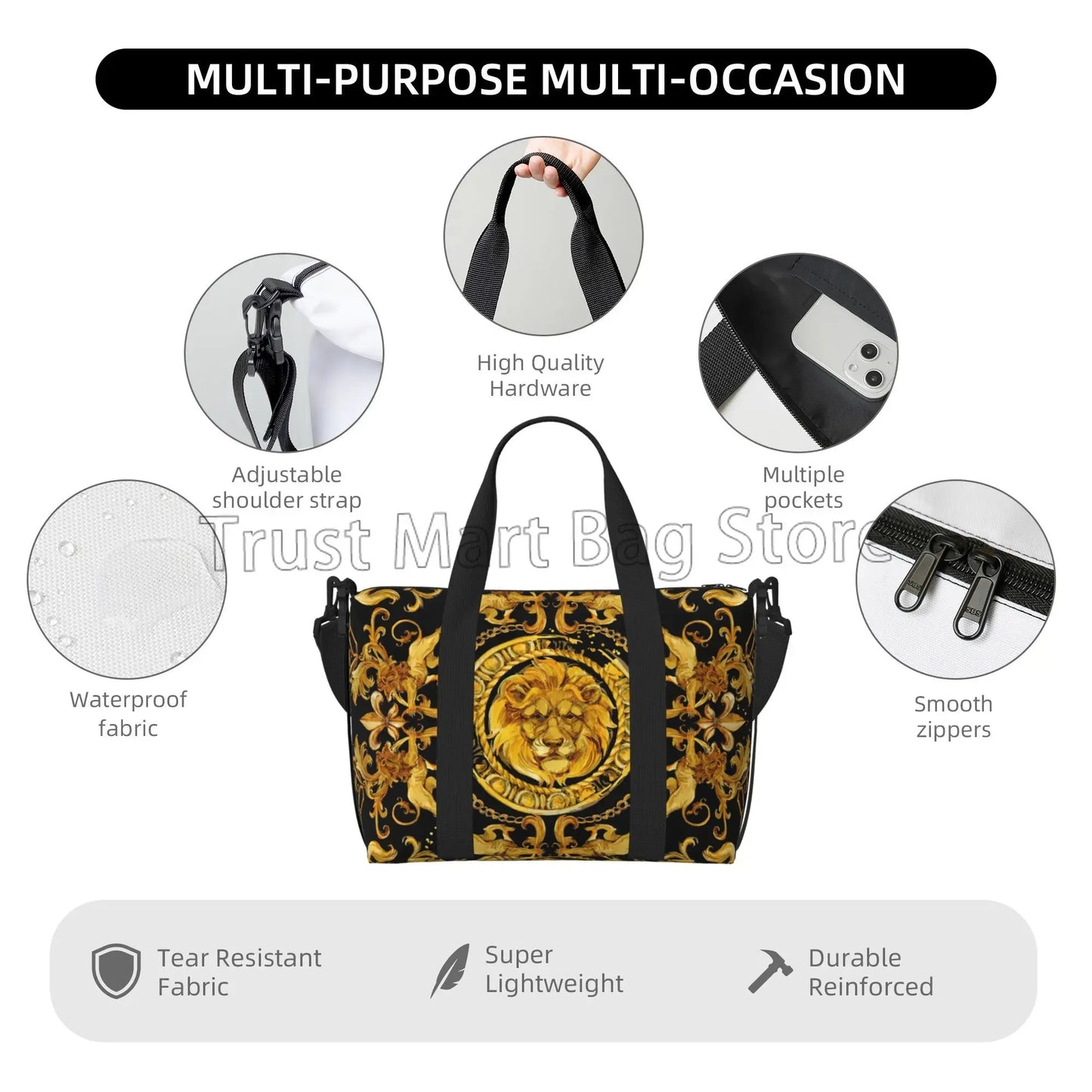 Golden Lion Baroque Pattern Travel Duffel Bag Personalized Weekender Bags with Shoulder Strap Unisex Sports Gym Overnight Bag