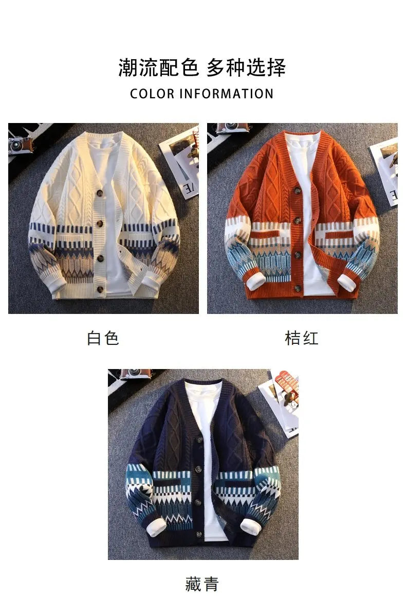 Japanese Cardigan Retro Patchwork V-neck Knitted Sweater Warm Men Women New Fashion Casual Loose Knitwear Jackets Brand Clothing