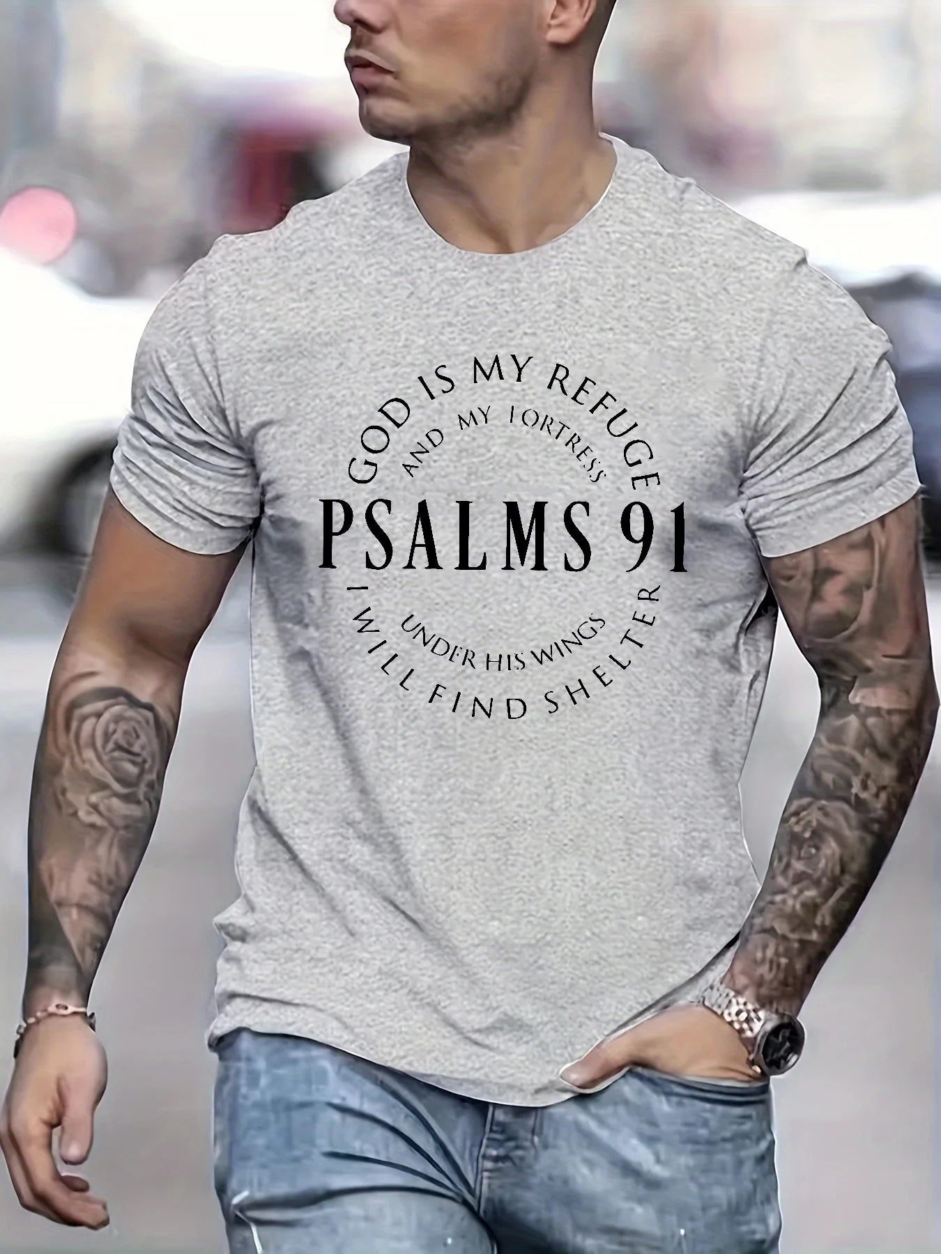 Men's 100% cotton summer loose fit Trendy Letter Psalms 91 Letter Ring Pattern print casual round neck short sleeved T-shirt