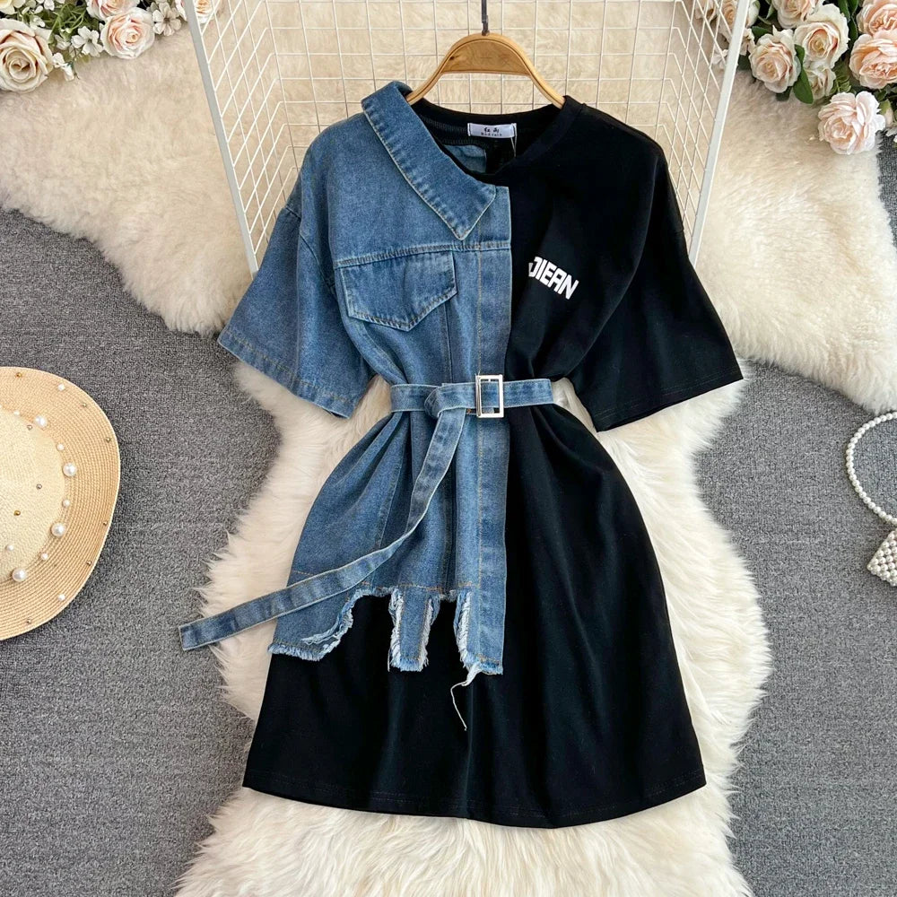 Elegant Summer Women Patchwork Denim Shirts Vintage Casual Slim Blouses Tops with Belted Female Fashion Pullover Clothes New