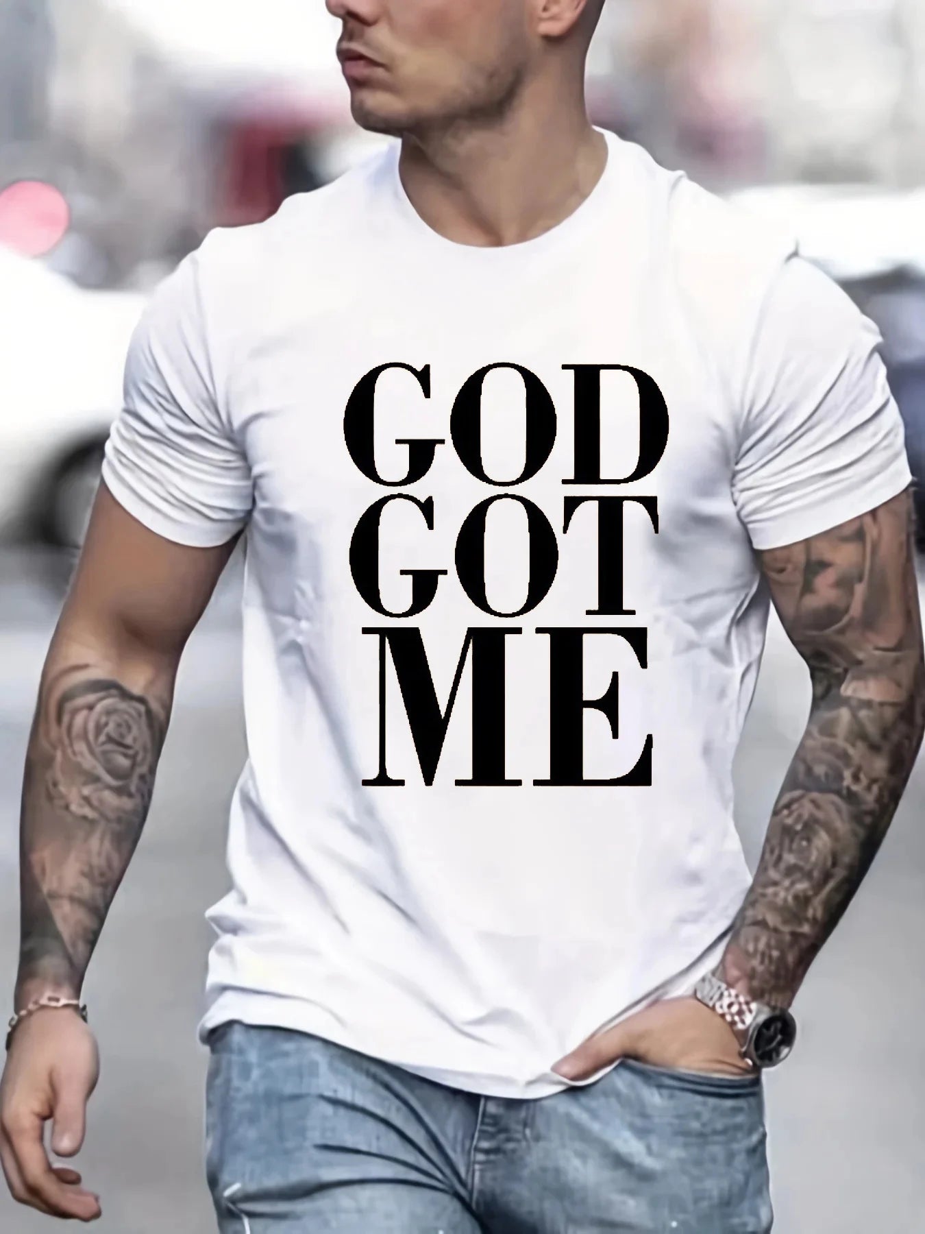 Men's Summer Loose Size 100% Cotton God Got Me Pattern Printed Slim Fit Casual Round Neck Short Sleeve T-shirt Top