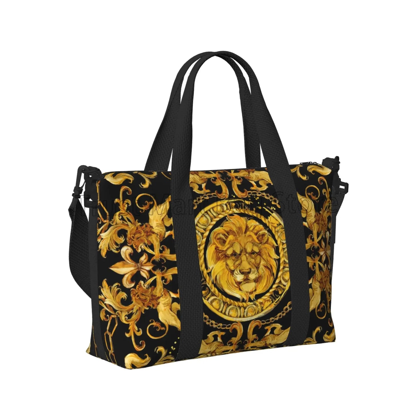 Golden Lion Baroque Pattern Travel Duffel Bag Personalized Weekender Bags with Shoulder Strap Unisex Sports Gym Overnight Bag