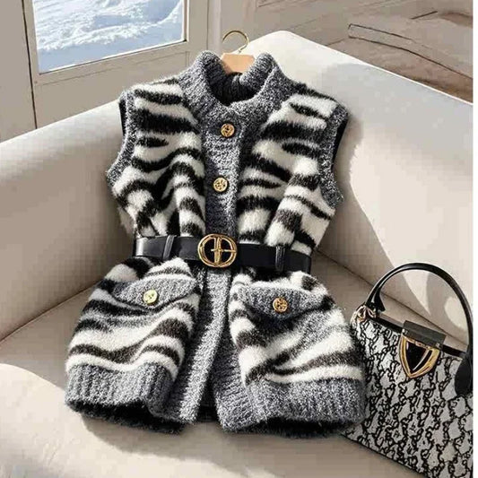 Gray Zebra Stripes Knitted Blazers Vest for Women Winter Cardigan Jackets Sleeveless Sweater Vest Y2K Fashion Office Lady Formal