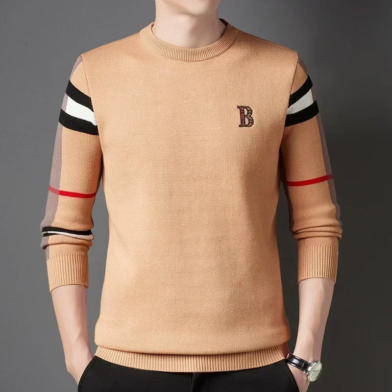 Men's Sweater Knitted Pullover 2024 Autumn/Winter New Soft Warm Striped Checker Round Neck Sweater Casual Fashion Men Clothing