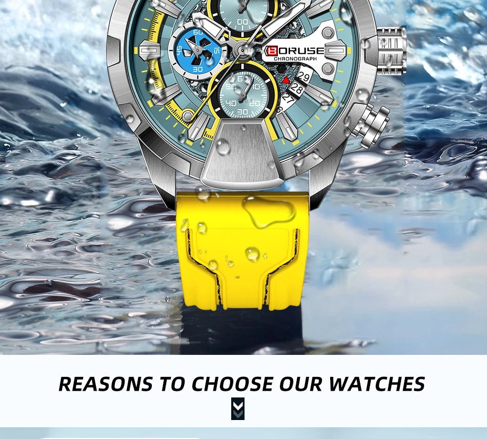 BORUSE Yellow Watches for Men Waterproof Chronograph Watch Mens Business Luminous Wristwatch Calendar Clock Relogio Masculino