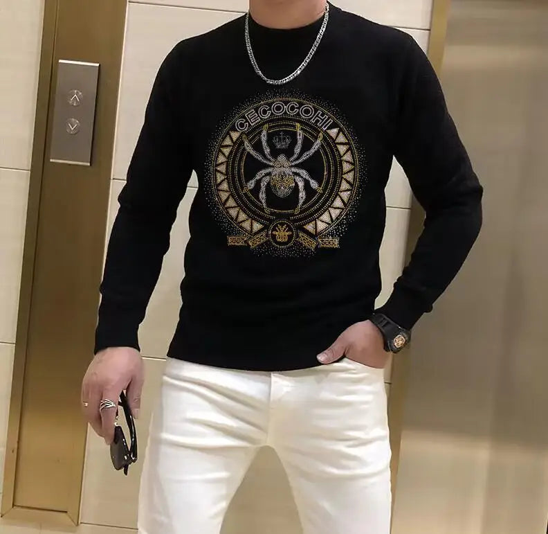 Men's Sweater Pullover  Winter New Fashion Rhinestone Printing Luxury Popular Homme Clothing Warm Streetwear Black Inner Garment