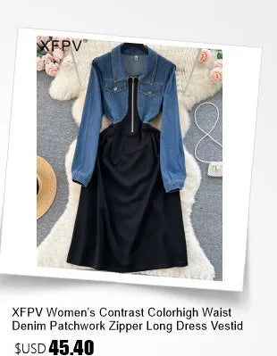 XFPV Women's Round Neck Off Shoulder Mid Length T-shirt Short Sleeve Two Piece Set High Waist Denim Skirt  Fashion Summer 2025