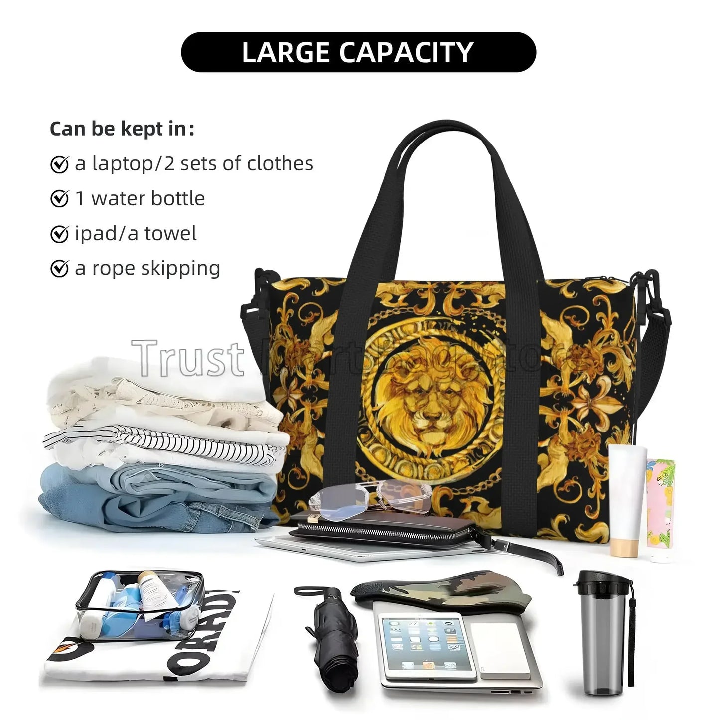 Golden Lion Baroque Pattern Travel Duffel Bag Personalized Weekender Bags with Shoulder Strap Unisex Sports Gym Overnight Bag