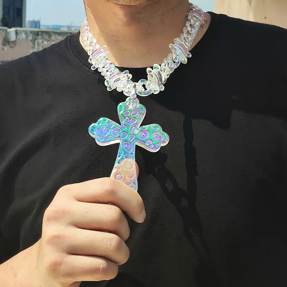 Trendy Acrylic Transparent Big Jesus Christ Cross Pendant Necklace for Men Hiphop Brambles Wire Necklaces Fashion Male Jewelry