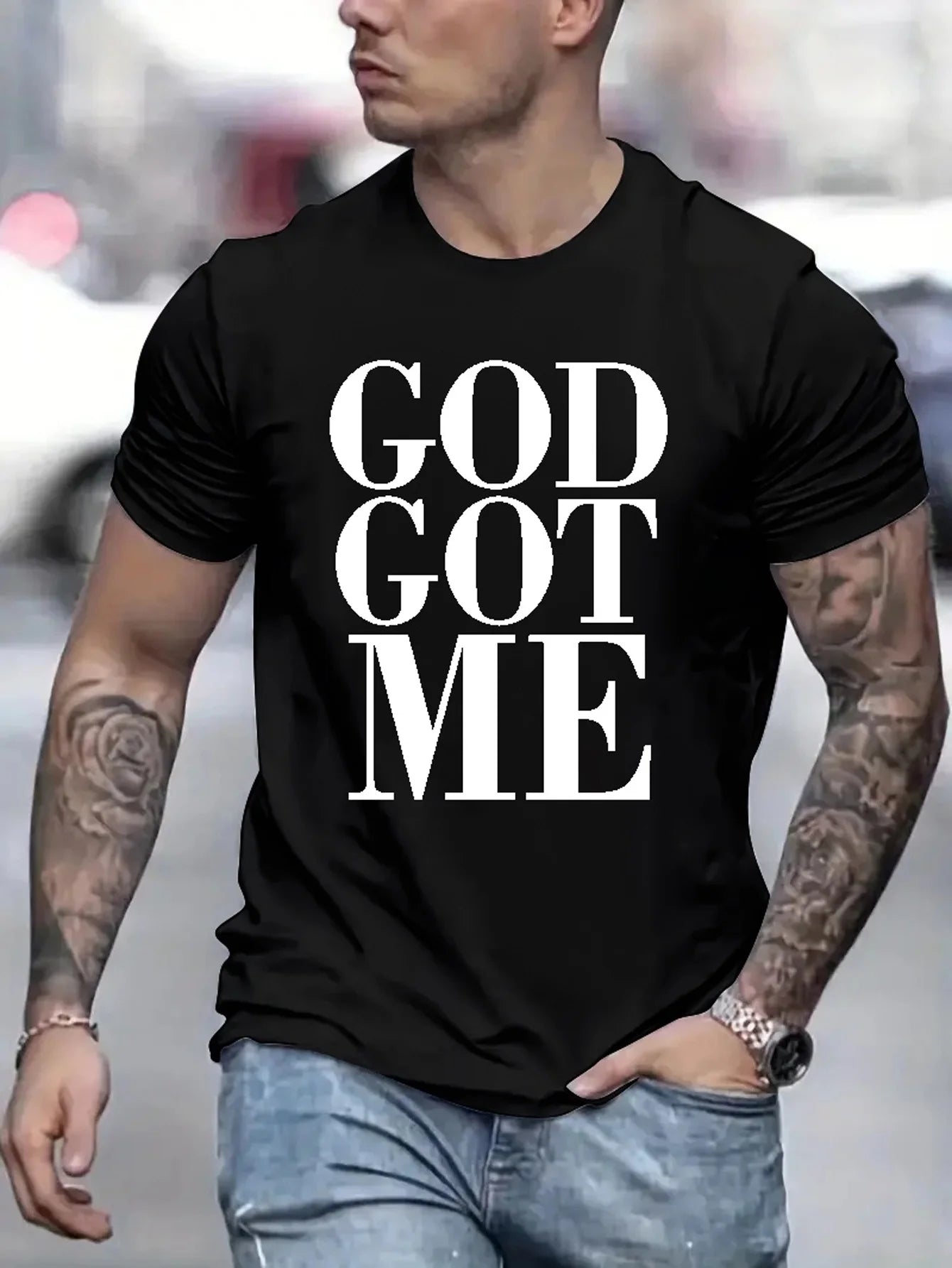 Men's Summer Loose Size 100% Cotton God Got Me Pattern Printed Slim Fit Casual Round Neck Short Sleeve T-shirt Top