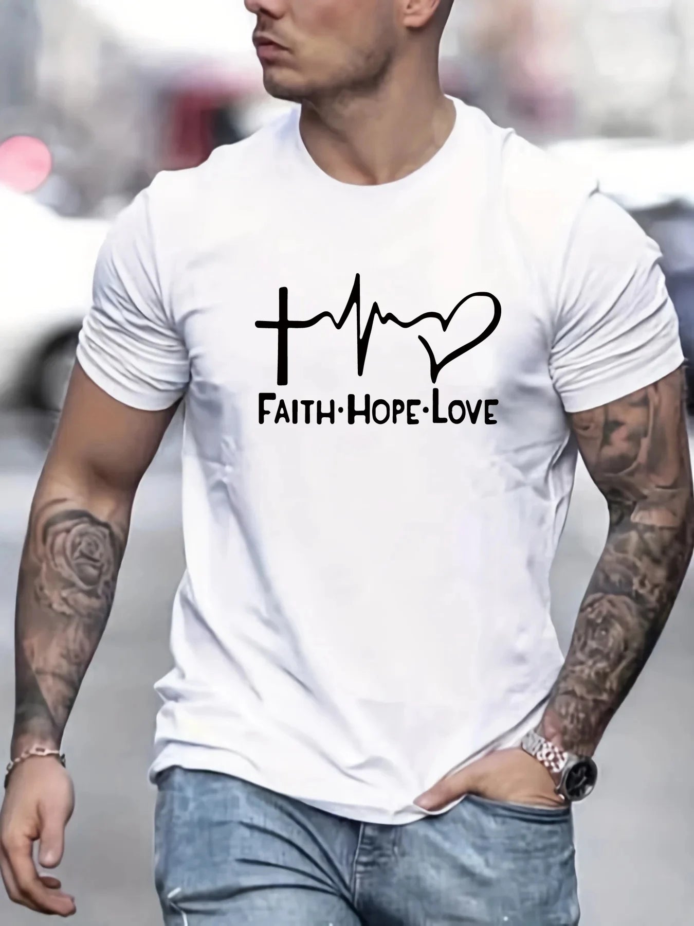 Men's 100% cotton fashionable casual sports loose fit plus size FAITH HOPE LOVE printed round neck short sleeved T-shirt top